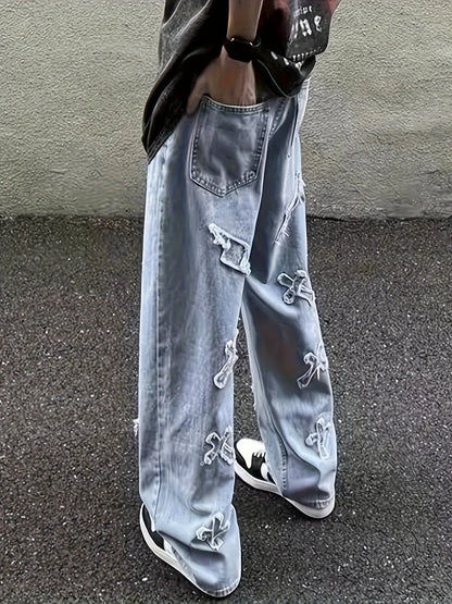 Men's Straight Leg Denim Jeans with Decorative Embroidery Distressed Detail Casual Streetwear Style