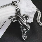 Praying Hands Cross Pendant Necklace With Vintage Gothic Statement Aesthetic