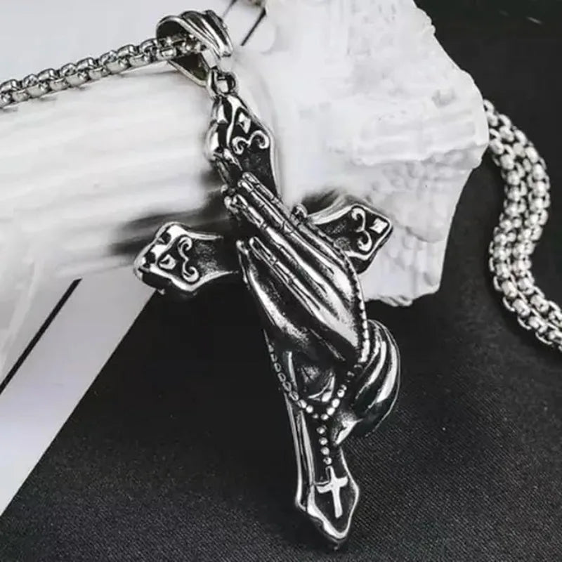 Praying Hands Cross Pendant Necklace With Vintage Gothic Statement Aesthetic