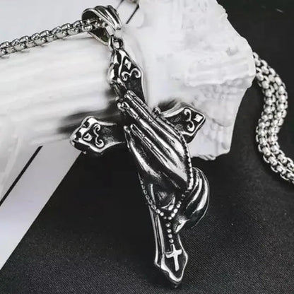 Praying Hands Cross Pendant Necklace With Vintage Gothic Statement Aesthetic