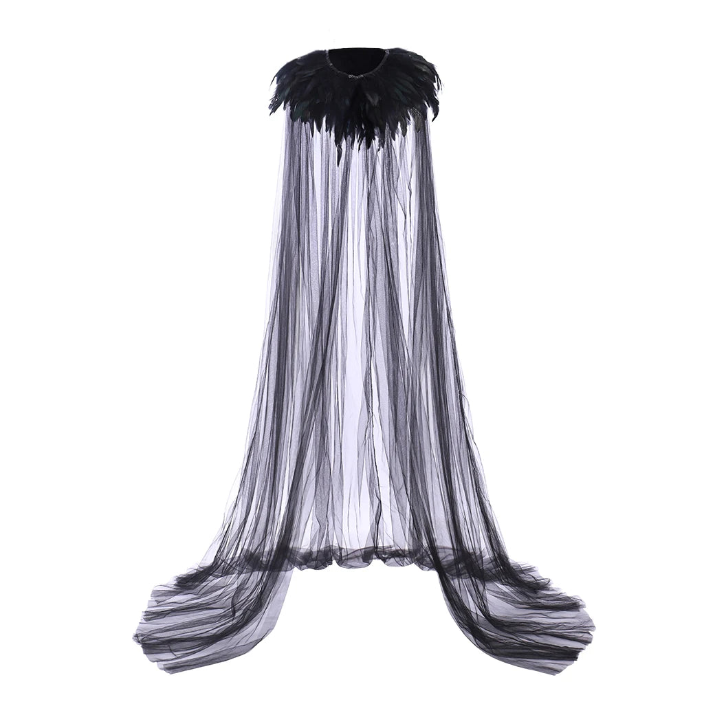 Unisex Gothic Feather Cape with Sheer Mesh Overlay and Dramatic Festival Styling