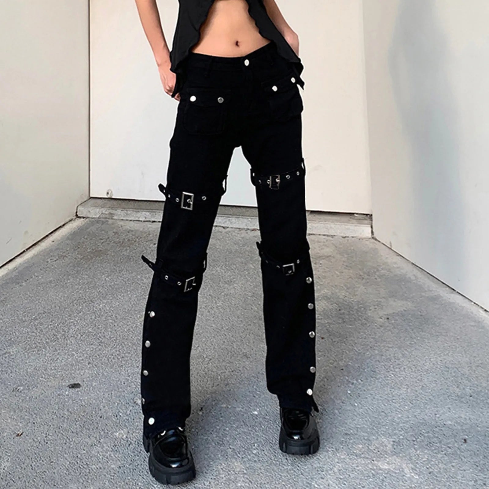 Buckle Detail Flared Pants Punk Inspired Alternative Streetwear Bottoms