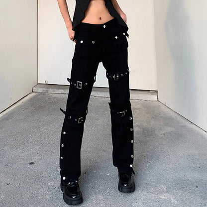 Buckle Detail Flared Pants Punk Inspired Alternative Streetwear Bottoms