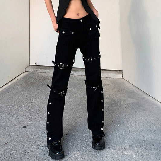 Low Rise Flared Streetwear Pants with Metal Buckle Detail and Split Hem Design