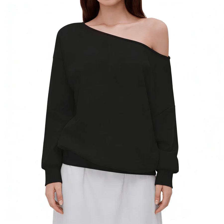 Off-Shoulder Relaxed Fit Knit Pullover Sweater with Long Sleeves and Side Pocket