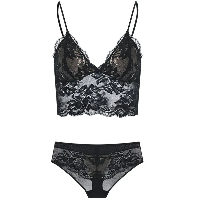 French Eyelash Lace Longline Triangle Bralette and Scalloped Low-Rise Hipster Panty Set