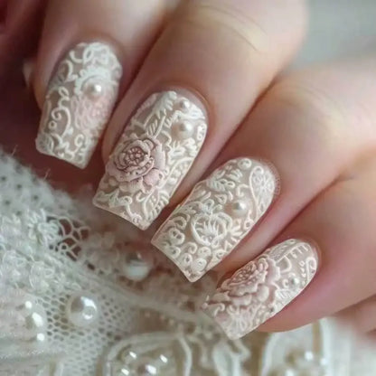 Elegant Lace Pattern Press On Nails with Romantic Vintage Inspired Artwork