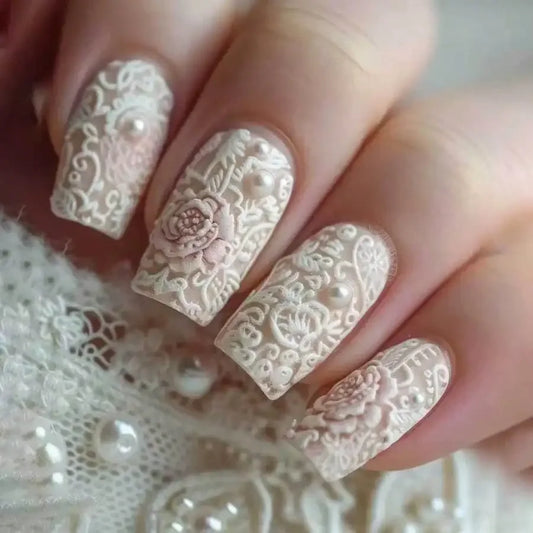 Elegant Lace Pattern Press On Nails with Romantic Vintage Inspired Artwork