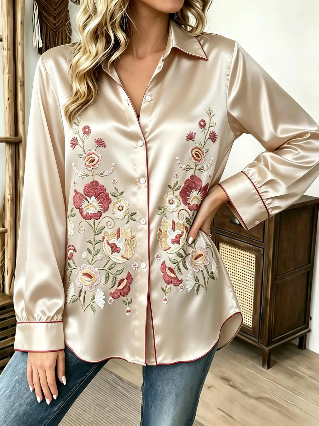 Vintage-Inspired Satin-Finish Floral Blouse with Contrast Red Piping and Button-Down Front