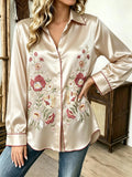 Vintage-Inspired Satin-Finish Floral Blouse with Contrast Red Piping and Button-Down Front