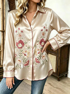 Vintage-Inspired Satin-Finish Floral Blouse with Contrast Red Piping and Button-Down Front