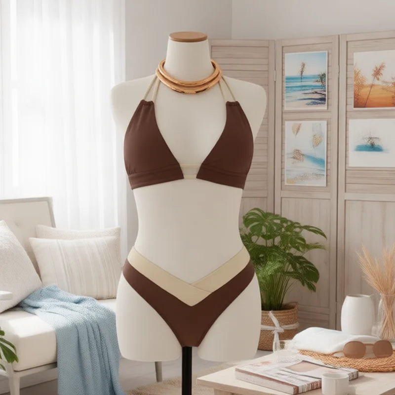 Earthy Brown Color-Block Triangle Bikini with V-Shaped Waistline
