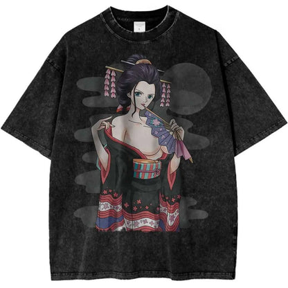 Vintage Anime-Inspired Japanese Streetwear Graphic Oversized Cotton Washed T-Shirt