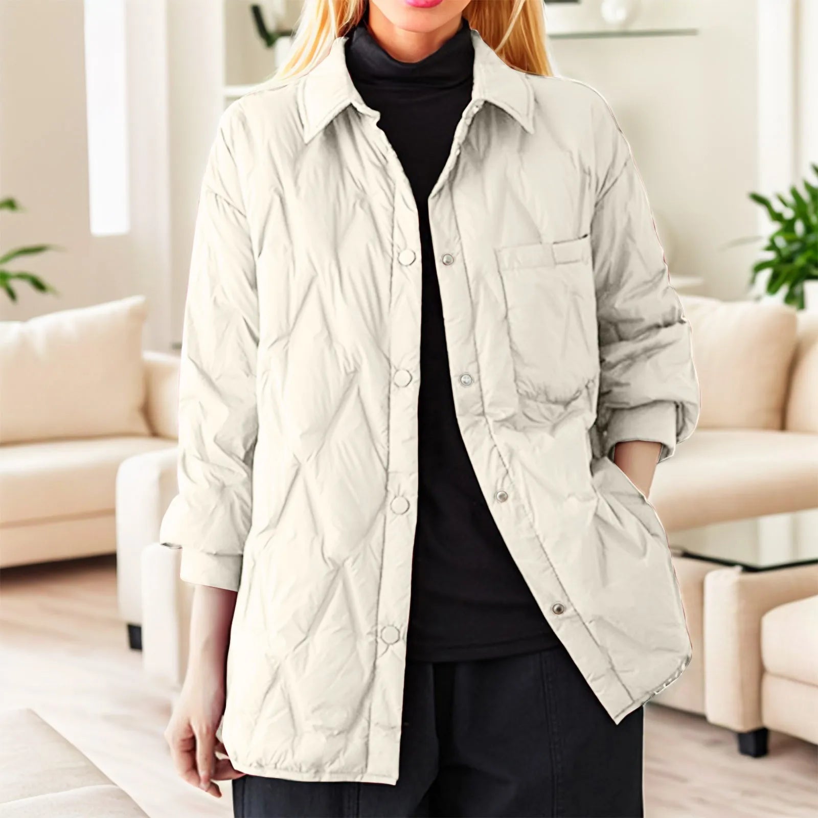 Women's Lightweight Quilted Button Front Jacket Relaxed Casual Everyday Layering Coat