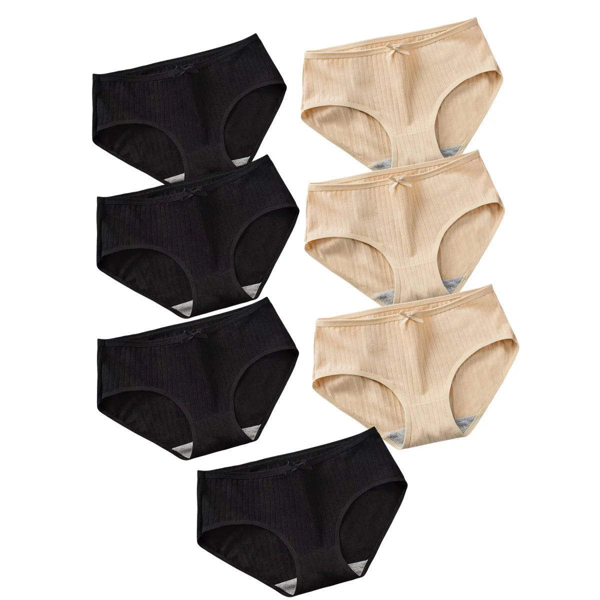 Seven-Piece Ribbed Cotton Blend Mid-Rise Brief Set with Bow Detail