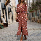 Button Front Polka Dot Maxi Shirt Dress with Belt and Side Split
