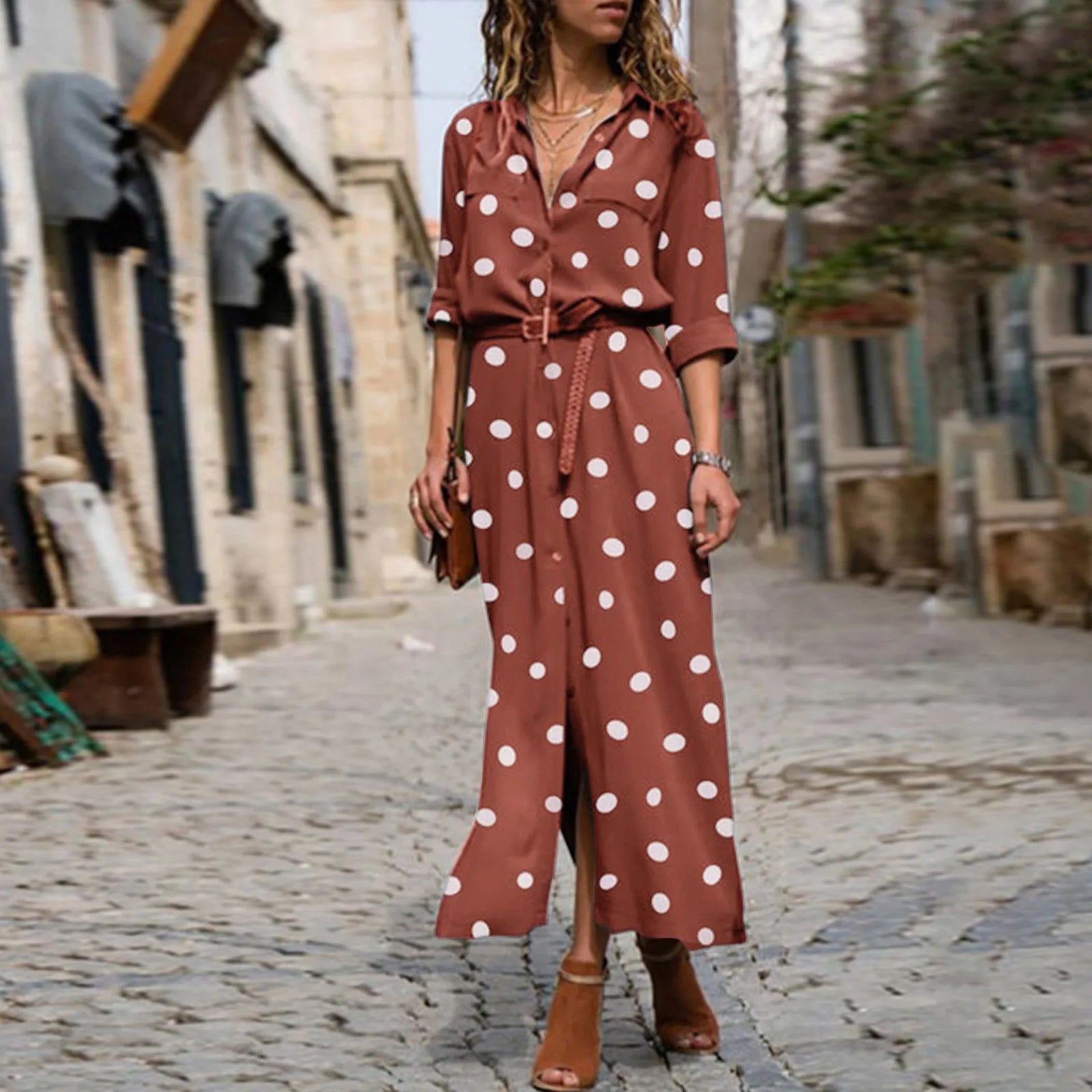 Button Front Polka Dot Maxi Shirt Dress with Belt and Side Split