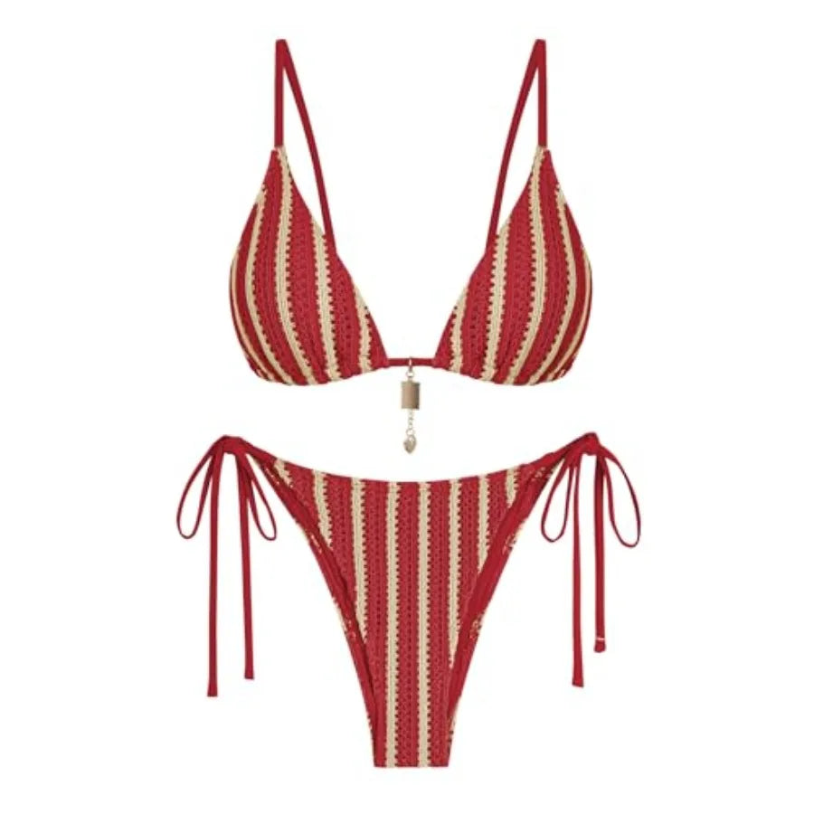 Women's Red and White Crochet-Style Striped Bikini Set with Triangle Top, Tie-Side Bottom and High-Cut Brazilian-Inspired Silhouette