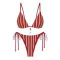 Women's Red and White Crochet-Style Striped Bikini Set with Triangle Top, Tie-Side Bottom and High-Cut Brazilian-Inspired Silhouette