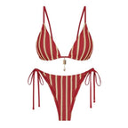 Women's Red and White Crochet-Style Striped Bikini Set with Triangle Top, Tie-Side Bottom and High-Cut Brazilian-Inspired Silhouette