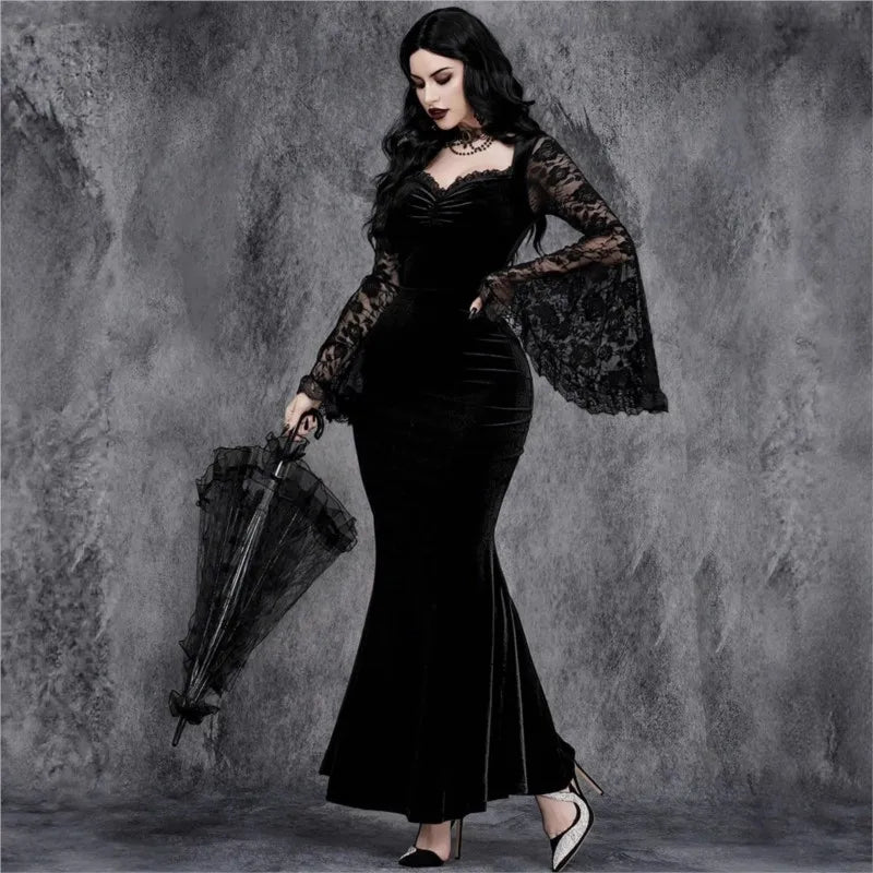 Velvet Gothic Mermaid Dress with Lace Sleeves and Dark Elegance