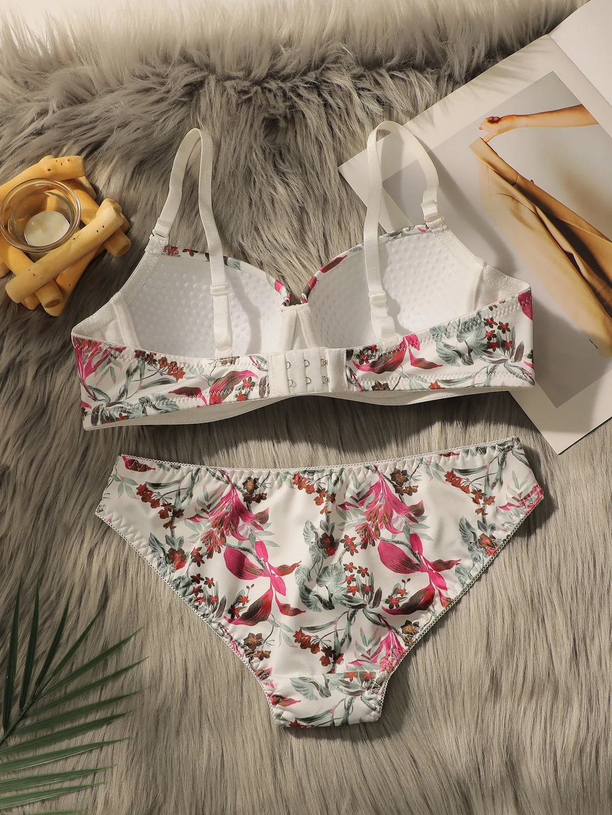 Vintage Botanical Floral Print Push-Up Bra and Brief Set