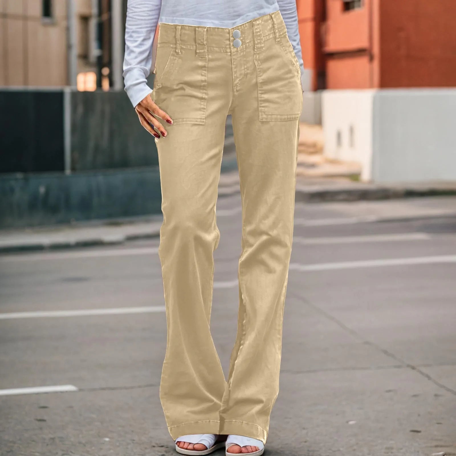 Women's High Rise Wide Leg Light Wash Denim Jeans with Double Button Waist Design