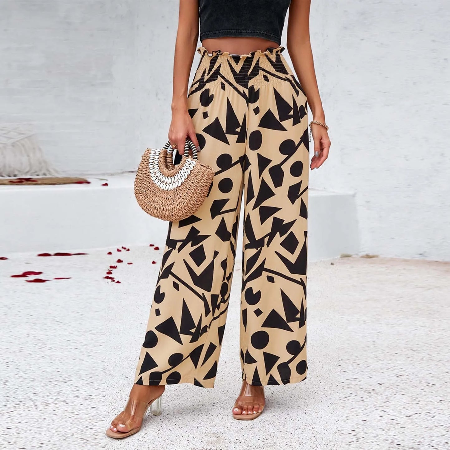 Women's High Waist Wide Leg Printed Casual Trousers with Relaxed Everyday Fit
