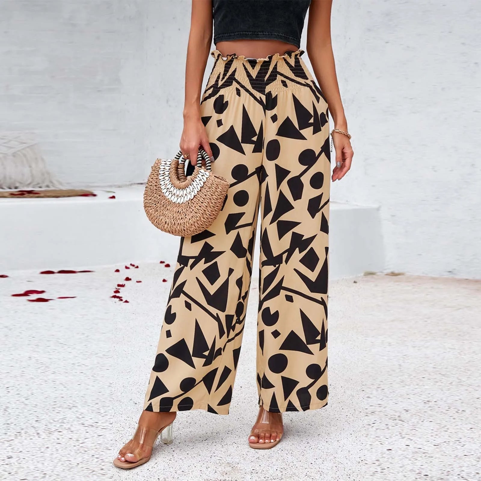 Women's High Waist Wide Leg Printed Casual Trousers with Relaxed Everyday Fit