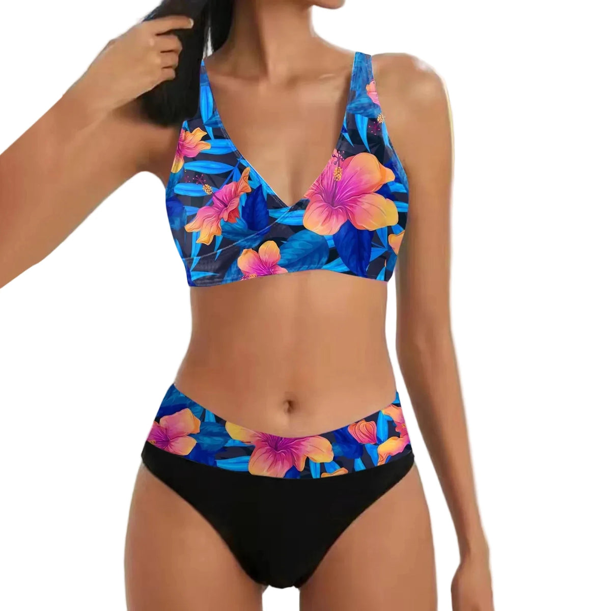 Floral V-Neck Two-Piece Bikini Set with High-Impact Botanical Print, Shaped Top and Coordinated Swim Bottom