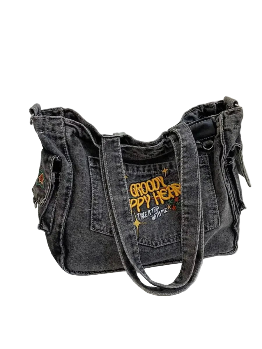 Denim Tote Shoulder Bag with Embroidered Graphic Accent Design