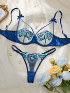 Sapphire Blue Embroidered Half-Cup Bra Set with Strappy Accents
