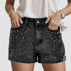 Women's High Waist Denim Style Shorts with Decorative Stud Details and Everyday Casual Fit