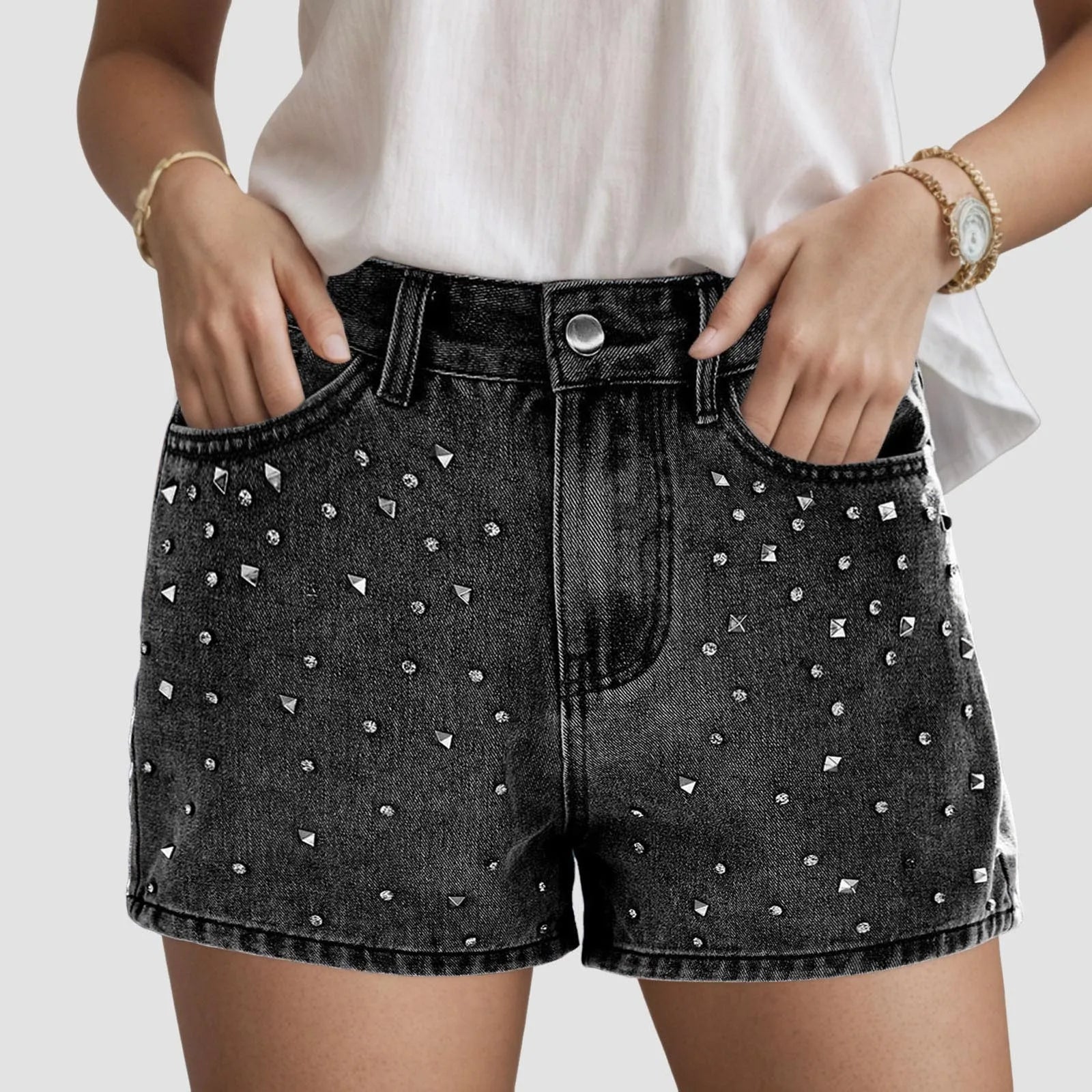 Women's High Waist Denim Style Shorts with Decorative Stud Details and Everyday Casual Fit