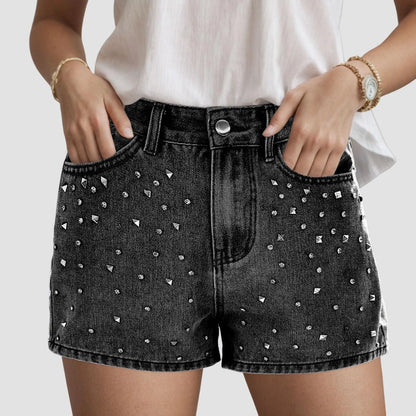 Women's High Waist Denim Style Shorts with Decorative Stud Details and Everyday Casual Fit