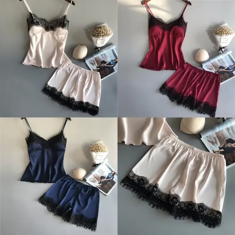 Women's Lace-Trim Satin-Look Pajama Set with V-Neck Camisole Top and Matching Shorts, Sleeveless Two-Piece Nightwear