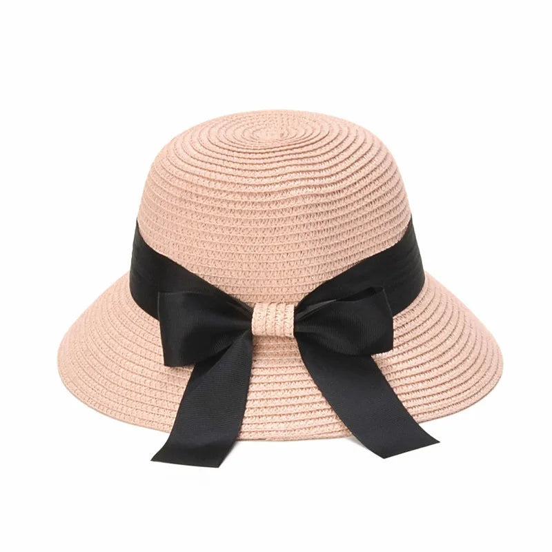 Women's Woven Straw Bucket Sun Hat with Decorative Bow for Casual Summer Outdoor Style