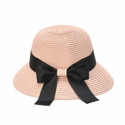 Women's Woven Straw Bucket Sun Hat with Decorative Bow for Casual Summer Outdoor Style