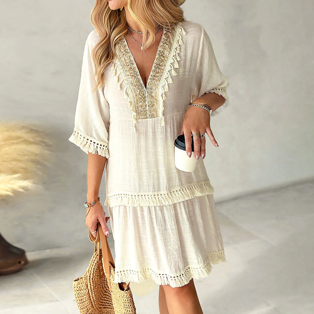 Relaxed Bohemian V-Neck Tunic Dress with Ornate Trim and Lace Details