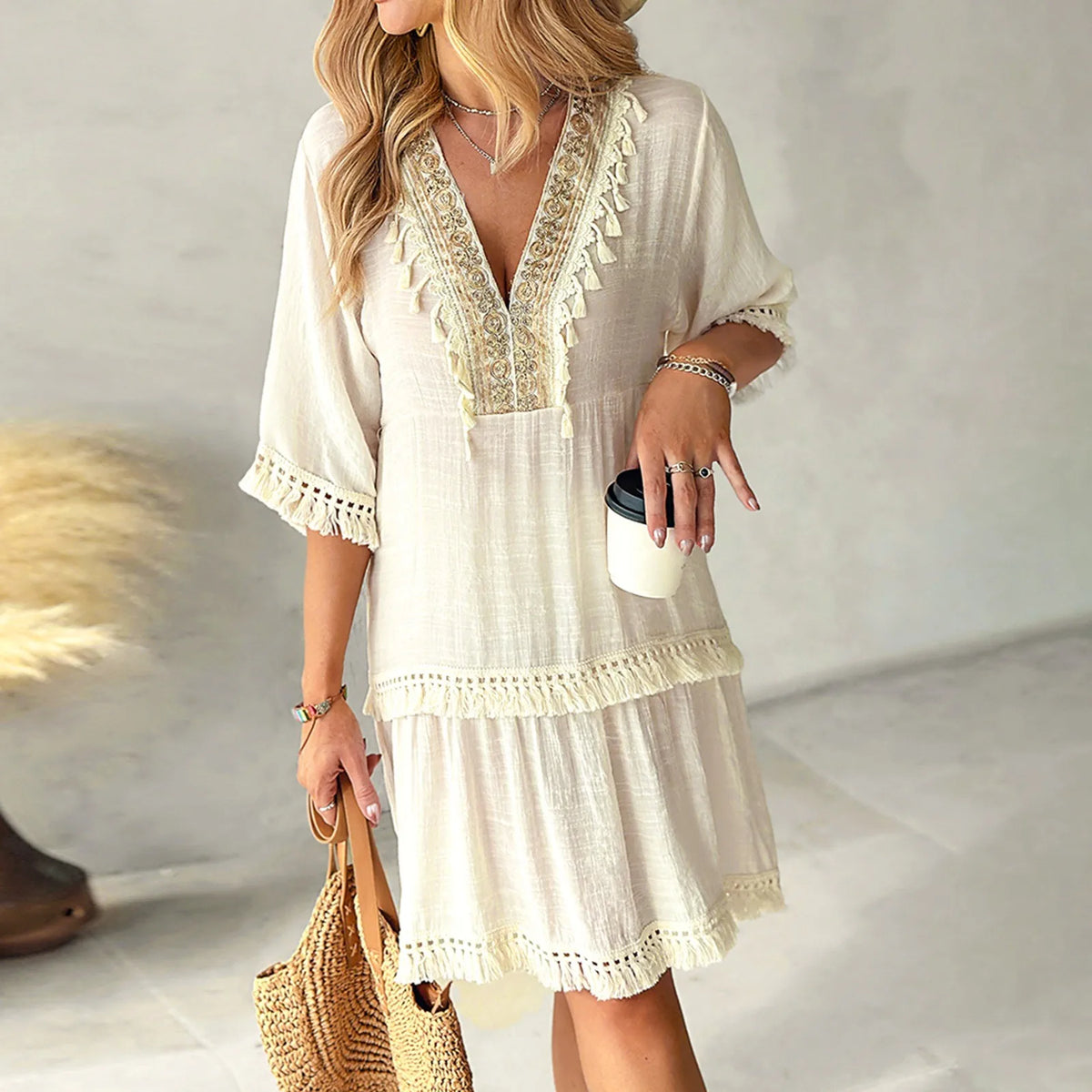 Relaxed Bohemian V-Neck Tunic Dress with Ornate Trim and Lace Details