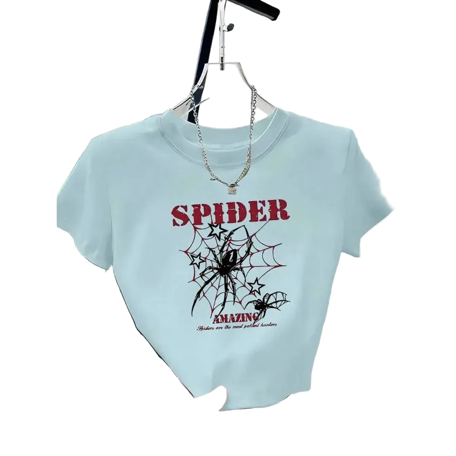 Spider Web Graphic Baby Tee with Fitted Crop Silhouette and Alternative Style