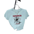 Spider Web Graphic Baby Tee with Fitted Crop Silhouette and Alternative Style