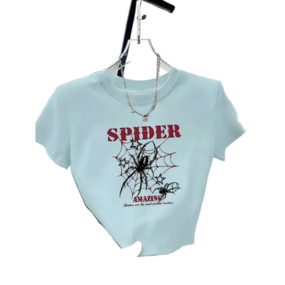 Spider Web Graphic Baby Tee with Fitted Crop Silhouette and Alternative Style