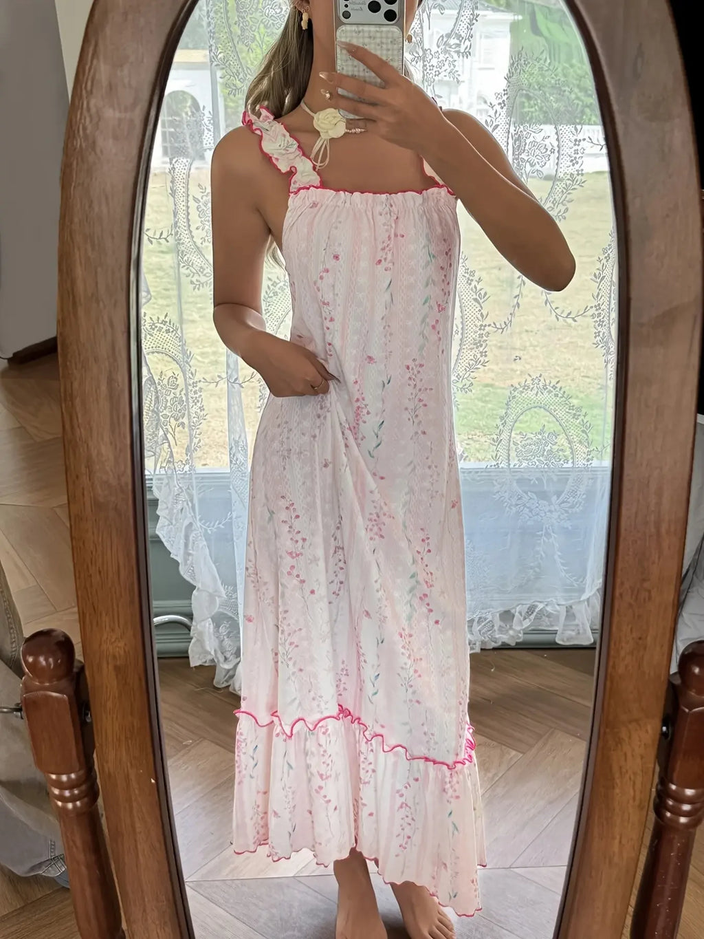 Sweet Ditsy Floral Midi Nightdress with Ruffled Neckline and Tiered Skirt