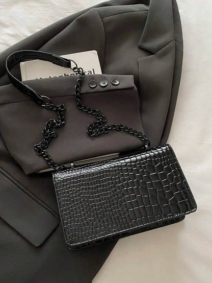 Mini Croc Texture Chain Strap Crossbody Shoulder Bag with Flap Closure