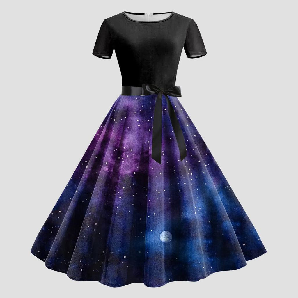 Cosmic Galaxy Print A-Line Swing Dress with Black Bodice and Waist Tie