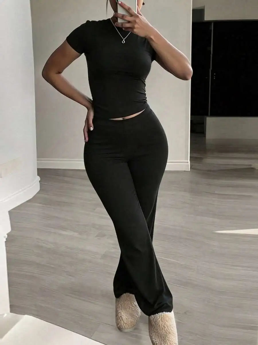 Women's Short Sleeve T-Shirt and Pants Co-Ord Set Relaxed Casual Outfit