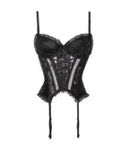 Black Sheer Mesh Bustier with Sweetheart Lace Neckline and Suspender Straps