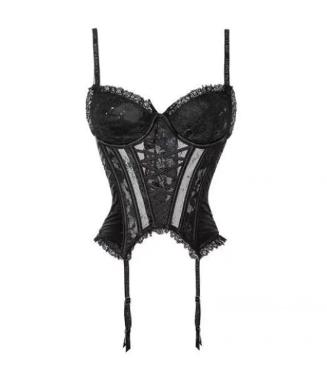 Black Sheer Mesh Bustier with Sweetheart Lace Neckline and Suspender Straps