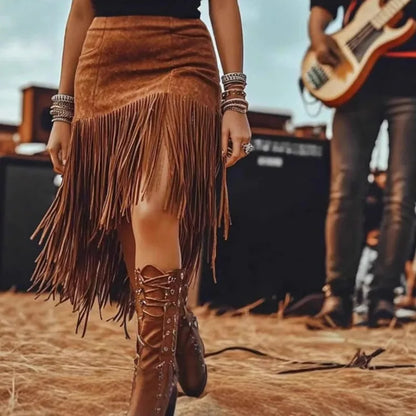 Fringe Trim Faux Suede Mini Skirt with Western-Inspired Streetwear Style